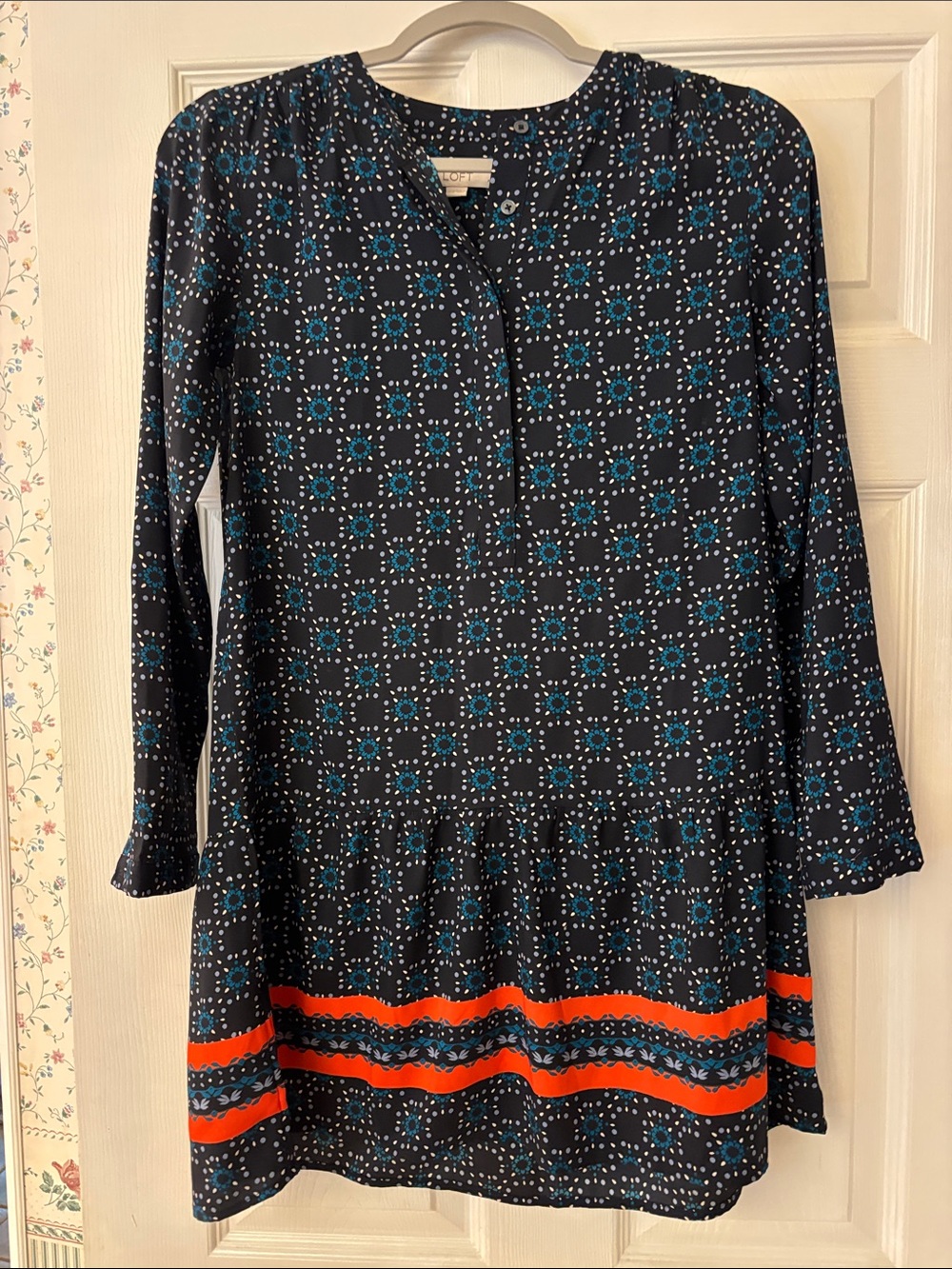 Ann Taylor loft xxs petiteWomen’s Navy Blue Printed Tunic Dress with Orange Trim